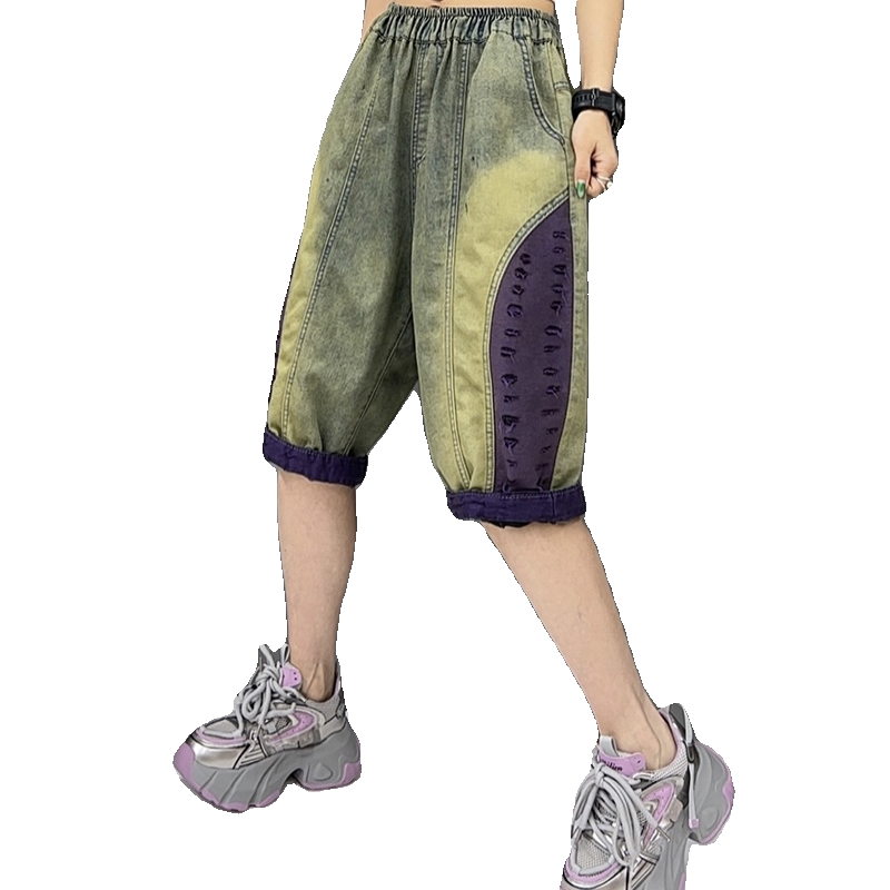 Summer retro -colored denim six -point short pants women's loose stitching water washing leisure five -point Haron pants thin horse pants