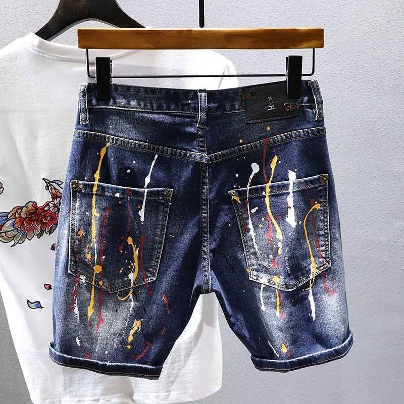 Cave -hole denim shorts men's summer thin pants patch patch patchwork personality paint some beggar middle pants elastic casual horse pants