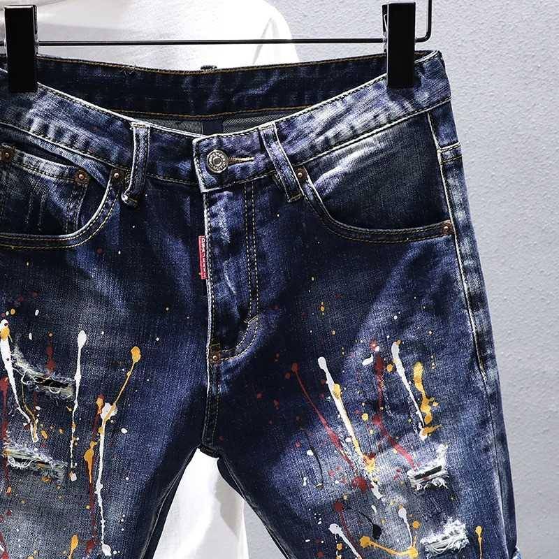 Cave -hole denim shorts men's summer thin pants patch patch patchwork personality paint some beggar middle pants elastic casual horse pants