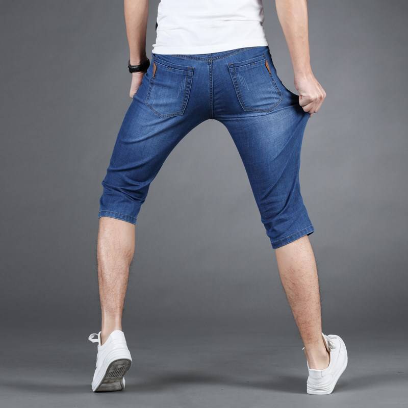 Qi brand authentic summer thin denim shorts men's cropped pants Korean version of five -point horse pants loose high elastic big size
