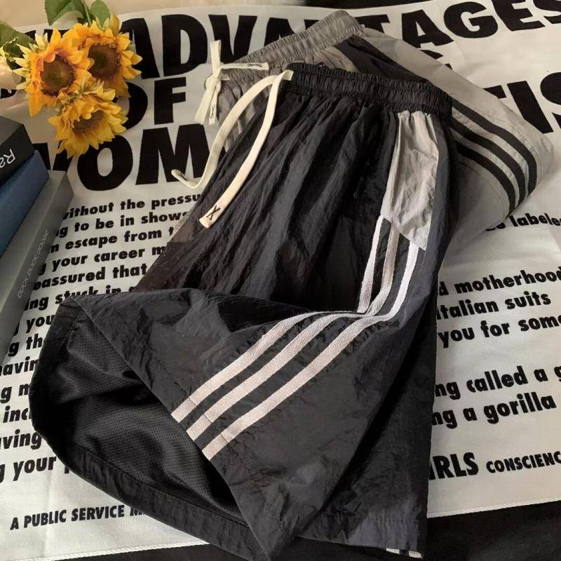 Ice -silk pants men's short trousers, dried trousers, zipper, three bar striped stripes, pants pants, pants, tight waist and handsome