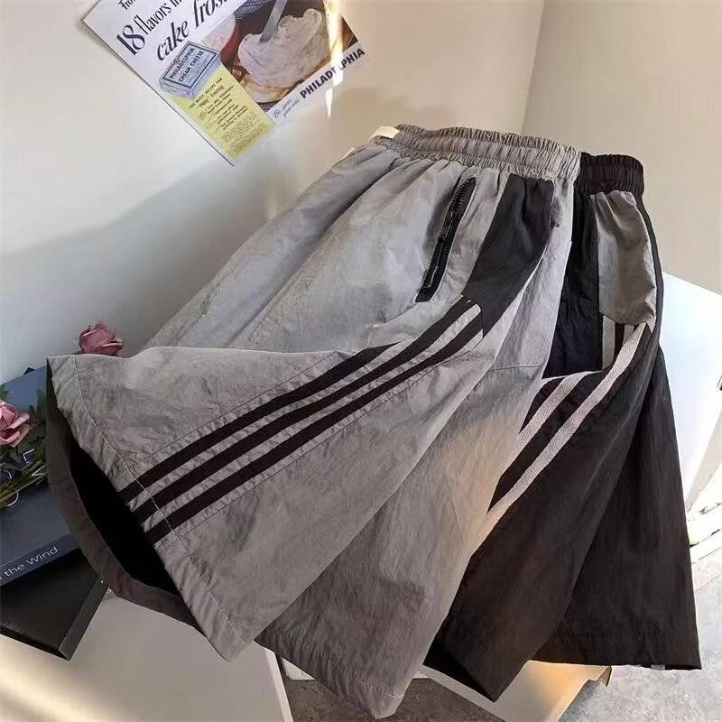Ice -silk pants men's short trousers, dried trousers, zipper, three bar striped stripes, pants pants, pants, tight waist and handsome