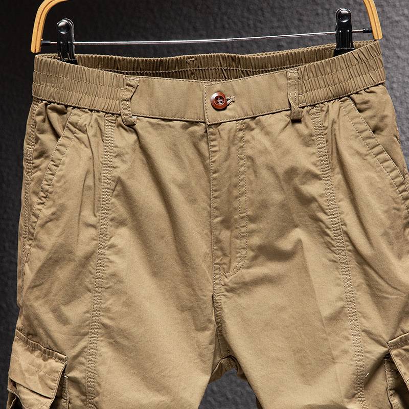 American retro workers, cropped pants, men's loose straight tube summer casual short pants pure cotton large size men's pants