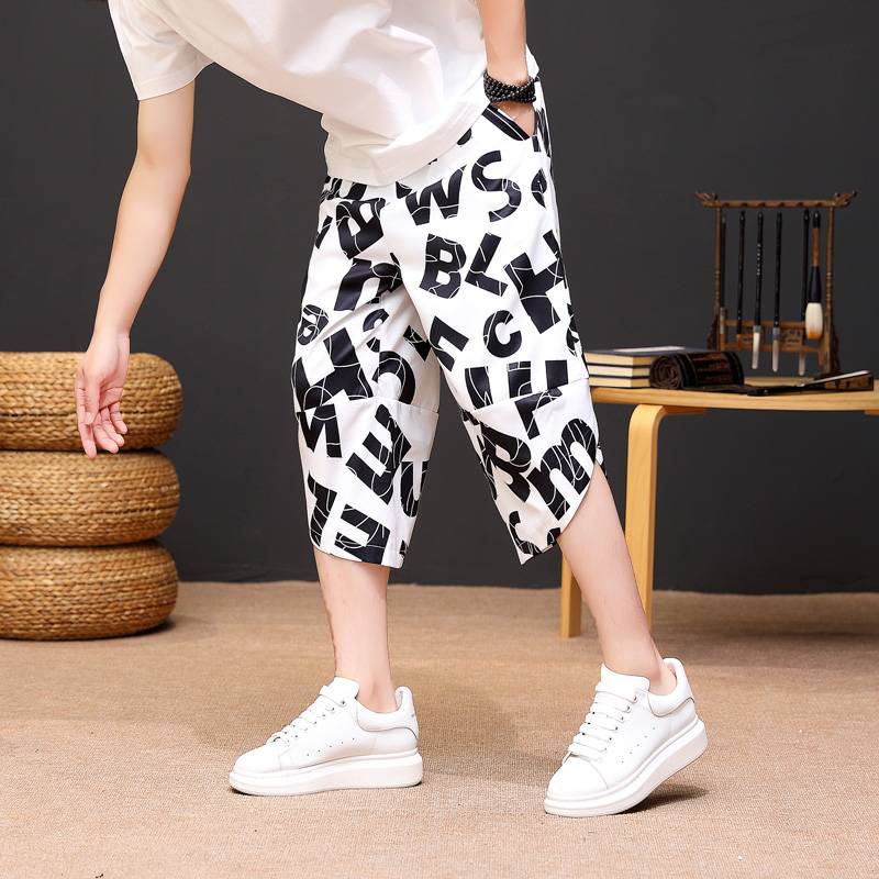 New Chinese -style cropped pants men's summer ice silk cotton pants thin cooling casual sports Haren pants Chinese style shorts