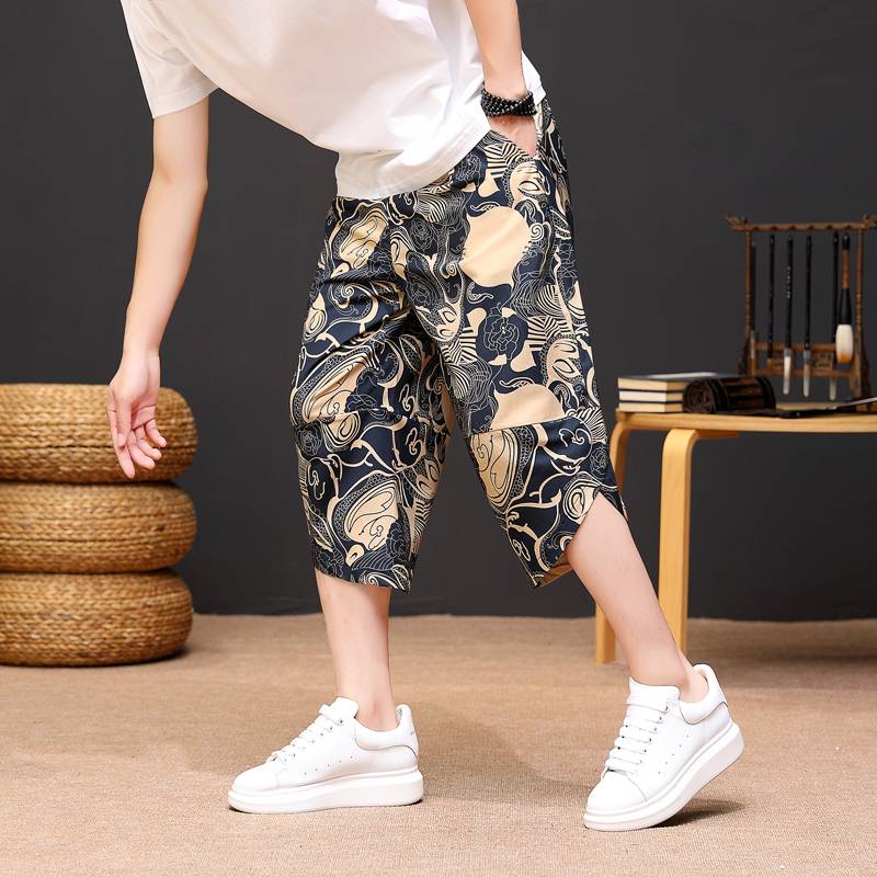 New Chinese -style cropped pants men's summer ice silk cotton pants thin cooling casual sports Haren pants Chinese style shorts