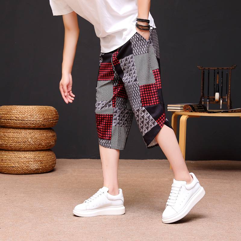 New Chinese -style cropped pants men's summer ice silk cotton pants thin cooling casual sports Haren pants Chinese style shorts