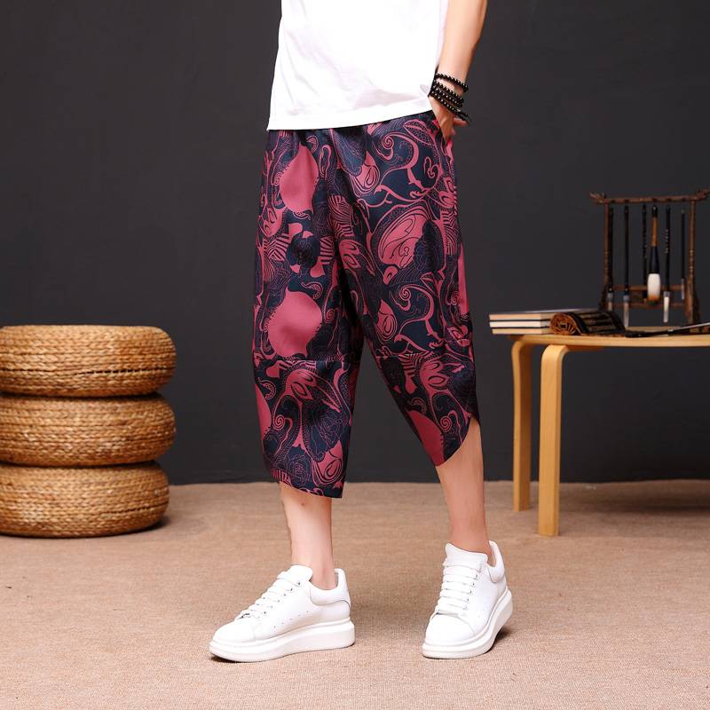 New Chinese -style cropped pants men's summer ice silk cotton pants thin cooling casual sports Haren pants Chinese style shorts