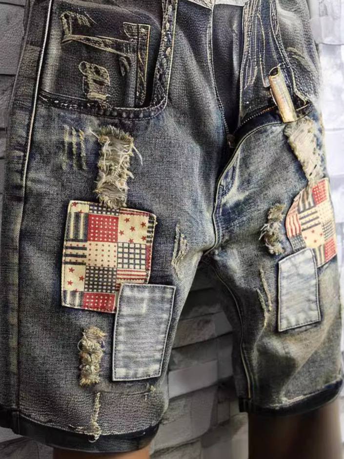 Qi brand authentic summer counter jeans shorts personality trendy wild horse pants with hole patch five -pointer cotton cotton