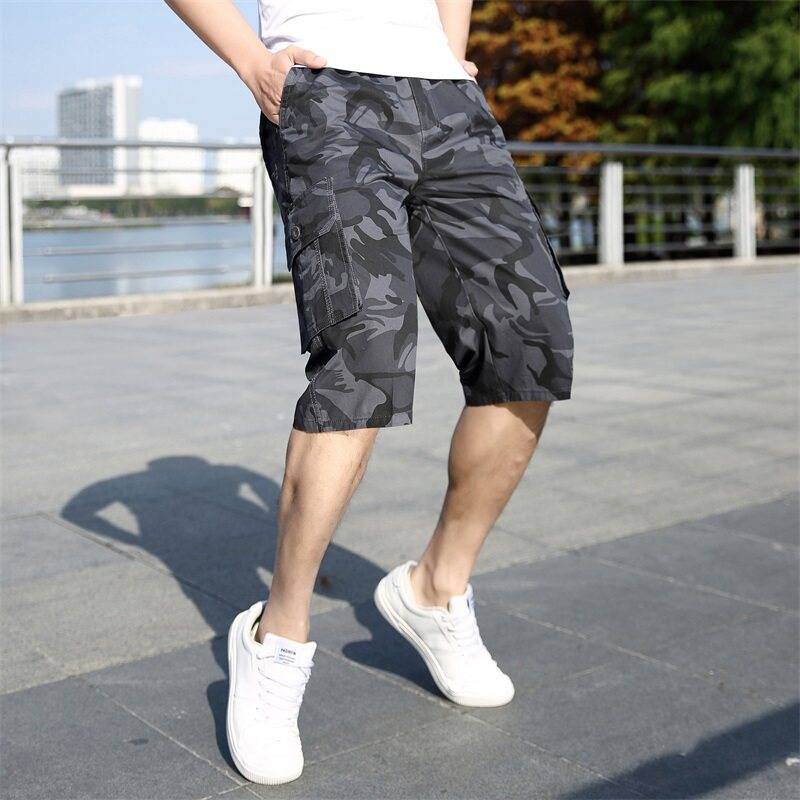 Men's middle -aged cotton workers, cropped trousers camouflage outdoor outdoor shorts, shorts pants, belt hanging keychain summer