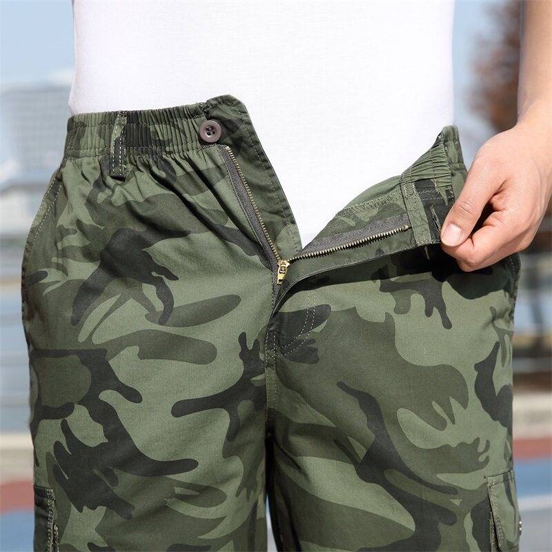 Men's middle -aged cotton workers, cropped trousers camouflage outdoor outdoor shorts, shorts pants, belt hanging keychain summer