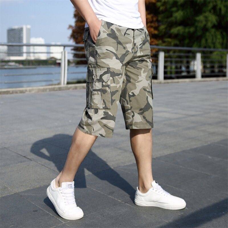 Men's middle -aged cotton workers, cropped trousers camouflage outdoor outdoor shorts, shorts pants, belt hanging keychain summer