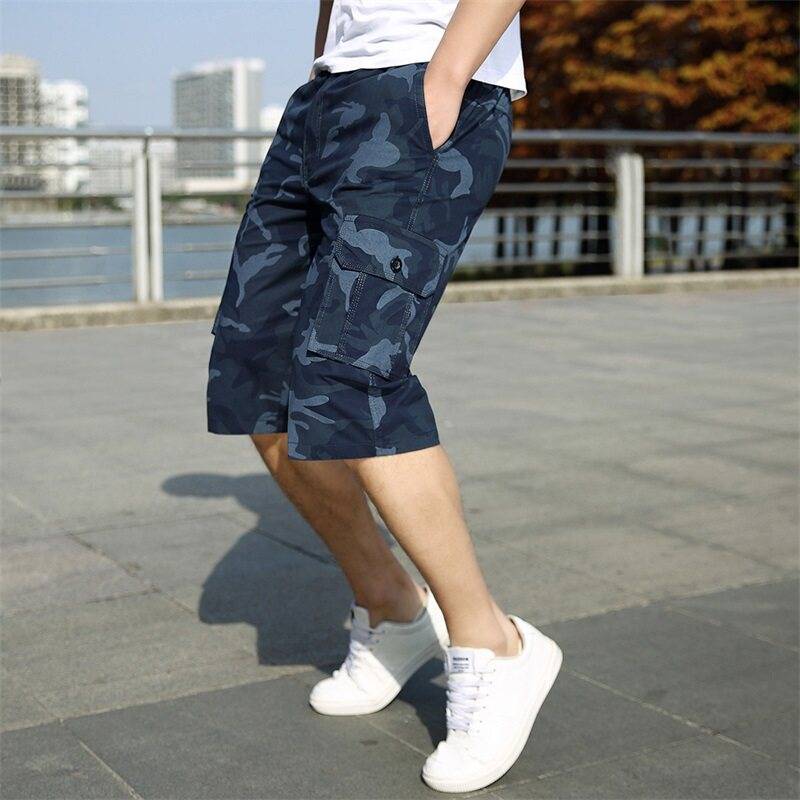 Men's middle -aged cotton workers, cropped trousers camouflage outdoor outdoor shorts, shorts pants, belt hanging keychain summer