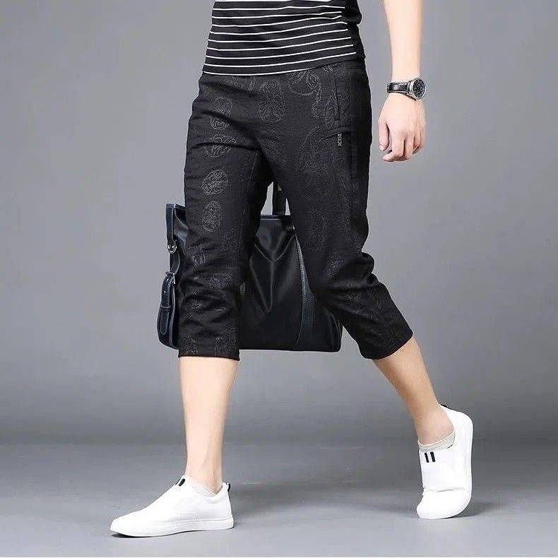 European station new casual shorts men's ice silk thin fashion trend fashion small foot cropped horse pants sneaker pants middle pants