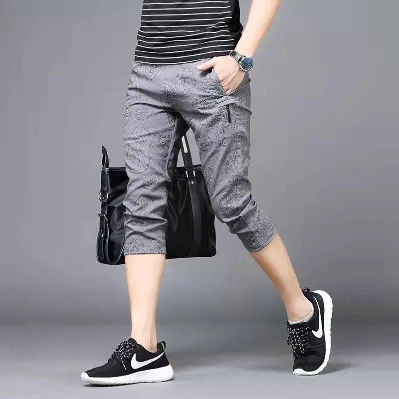 European station new casual shorts men's ice silk thin fashion trend fashion small foot cropped horse pants sneaker pants middle pants