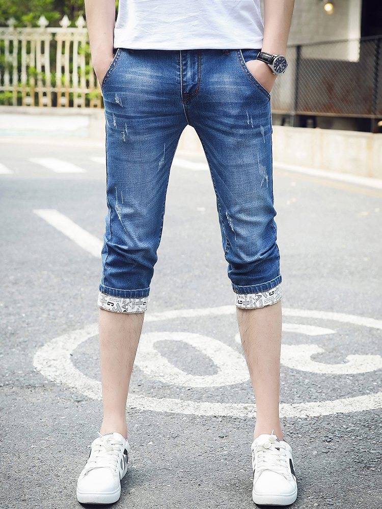Summer thin denim shorts, men 2024 new slim feet horse pants leisure pants mid -pants jeans over knee