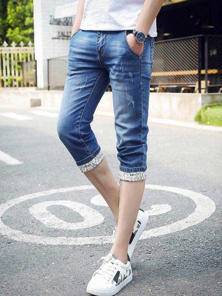 Summer thin denim shorts, men 2024 new slim feet horse pants leisure pants mid -pants jeans over knee