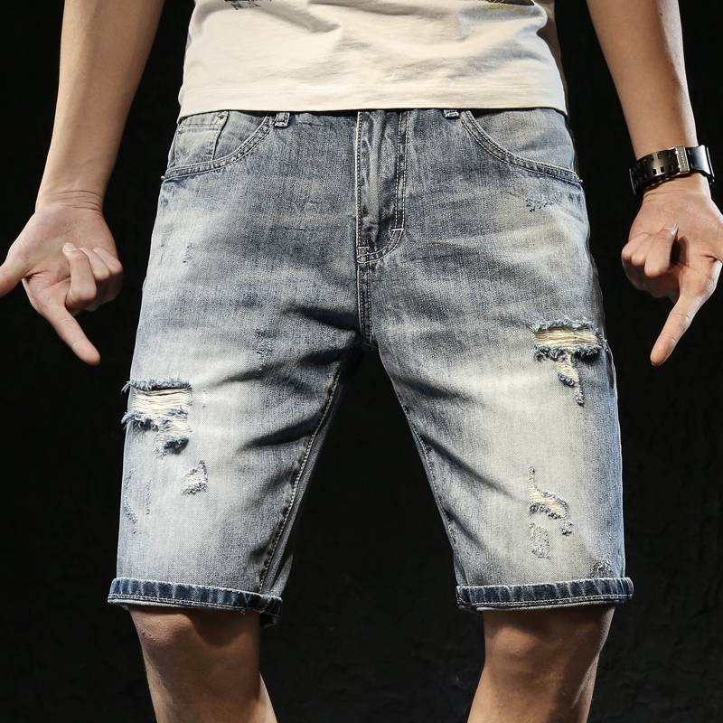 Summer thin holes, cave denim shorts, men's pants, summer 5 points, pants and pants 2021 loose and wild tide