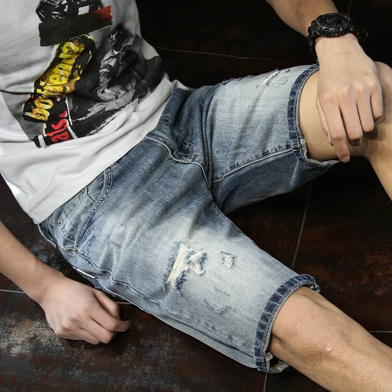 Summer thin holes, cave denim shorts, men's pants, summer 5 points, pants and pants 2021 loose and wild tide