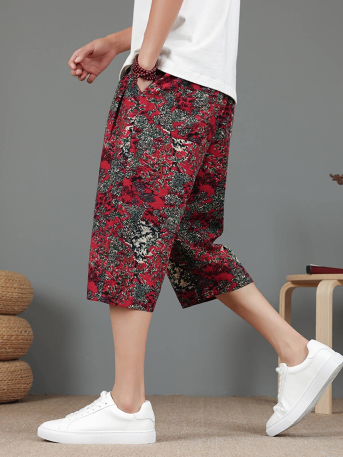 Cotton, linen pants men's summer printed shorts thin pants, pants plus large size casual horse pants trendy pants men