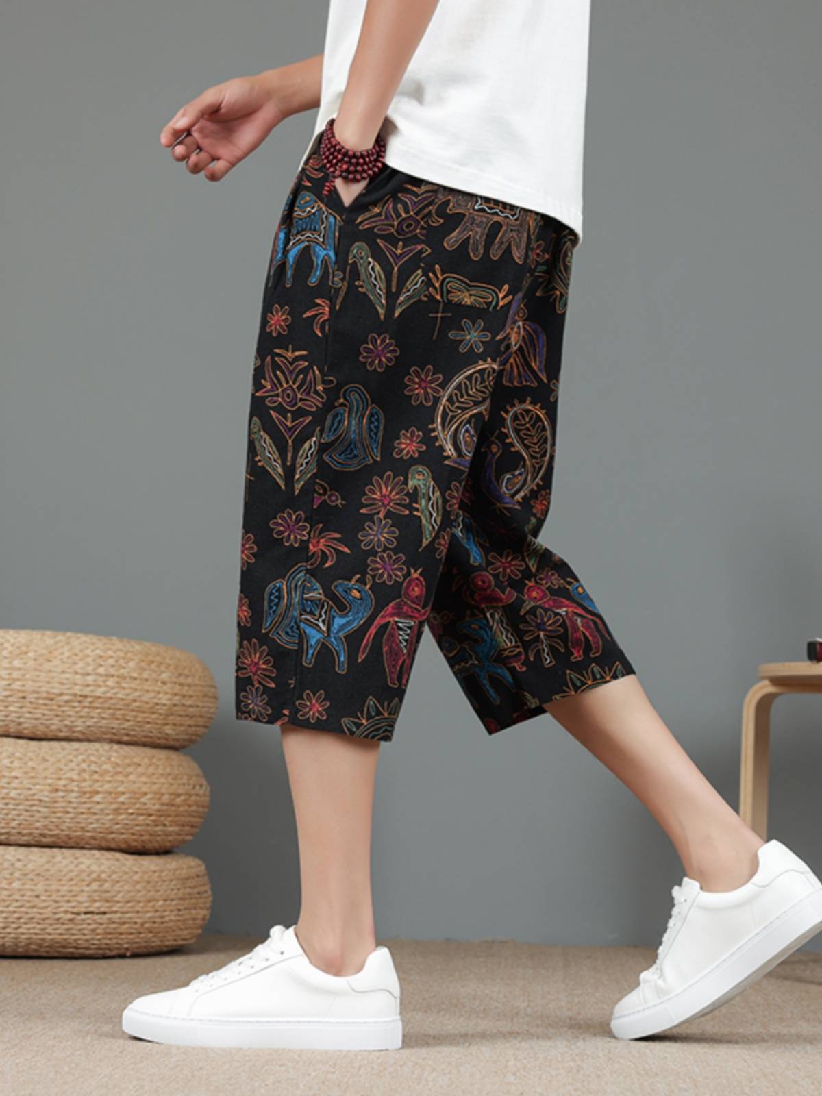 Cotton, linen pants men's summer printed shorts thin pants, pants plus large size casual horse pants trendy pants men