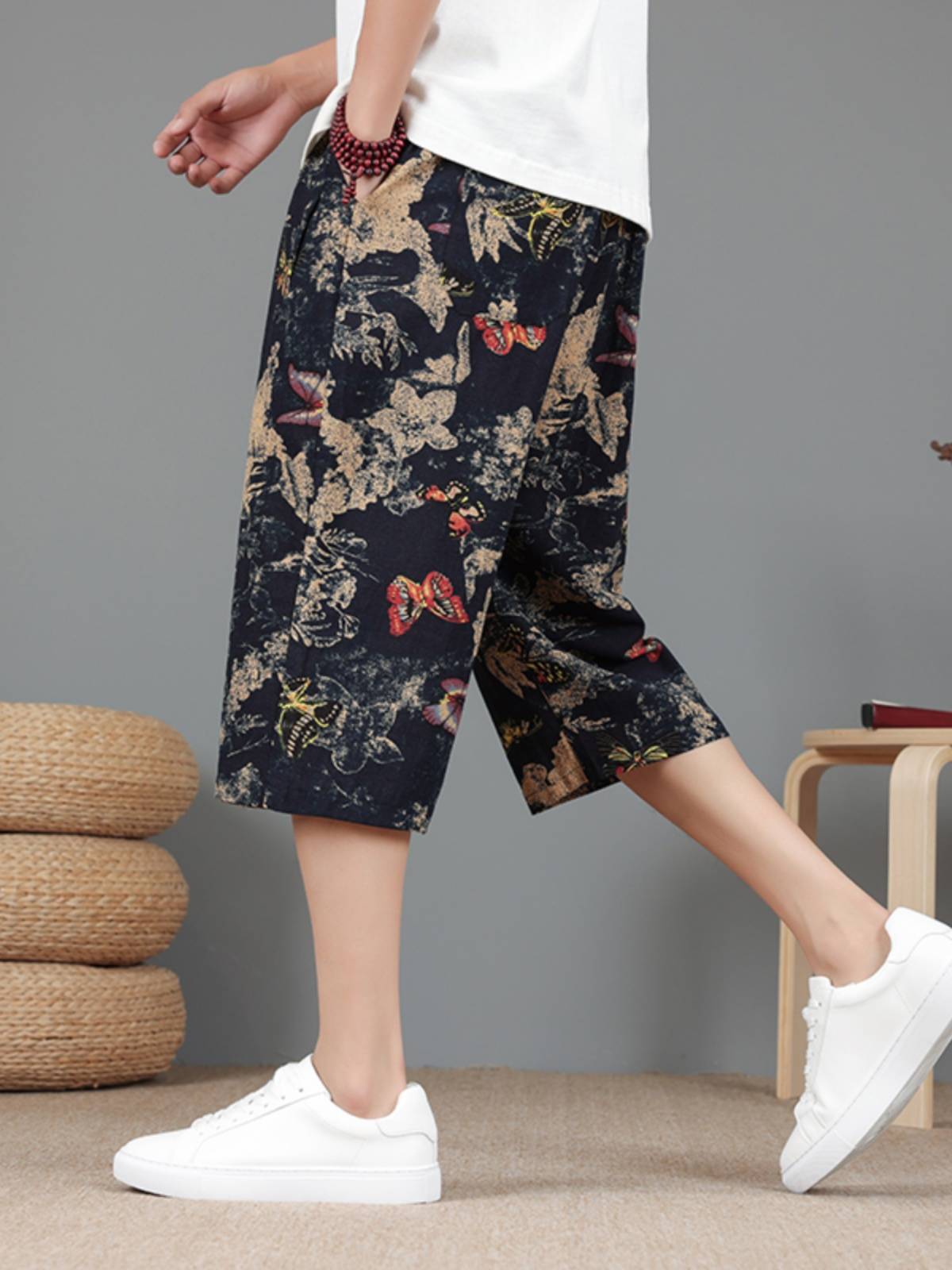 Cotton, linen pants men's summer printed shorts thin pants, pants plus large size casual horse pants trendy pants men