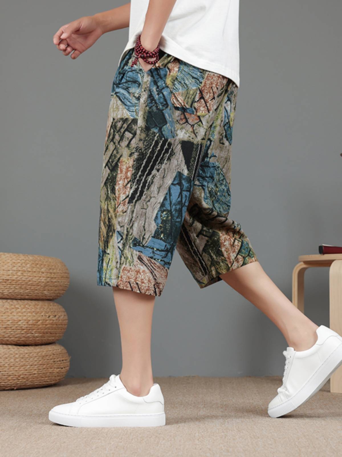 Cotton, linen pants men's summer printed shorts thin pants, pants plus large size casual horse pants trendy pants men