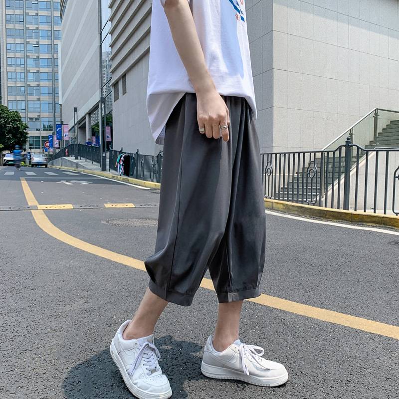 Ice silk cropped pants men's summer thin sports eight -point shorts casual loose over knee pants pants tide brand beach pants