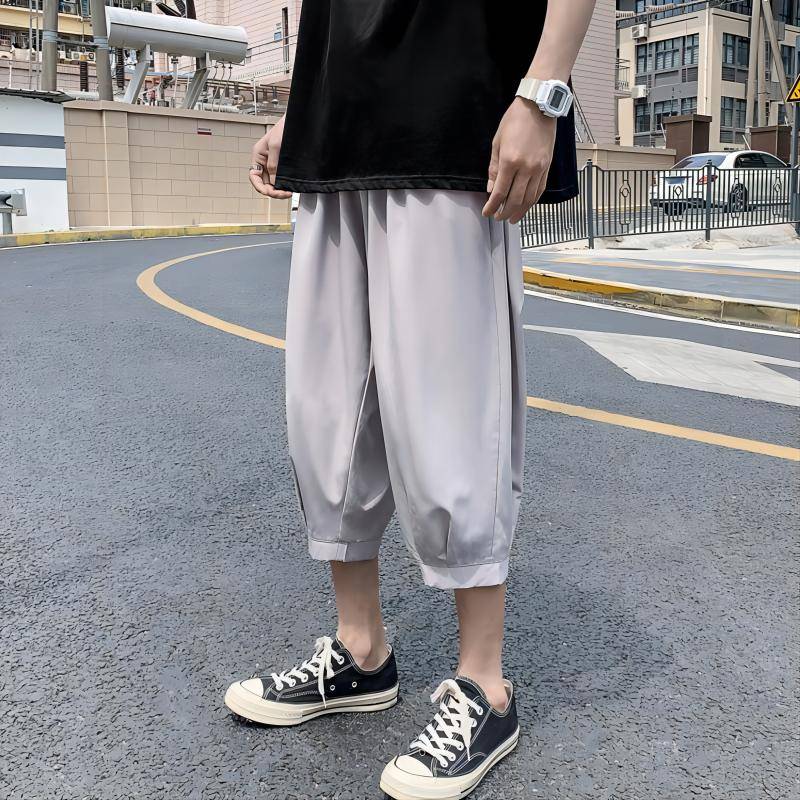 Ice silk cropped pants men's summer thin sports eight -point shorts casual loose over knee pants pants tide brand beach pants