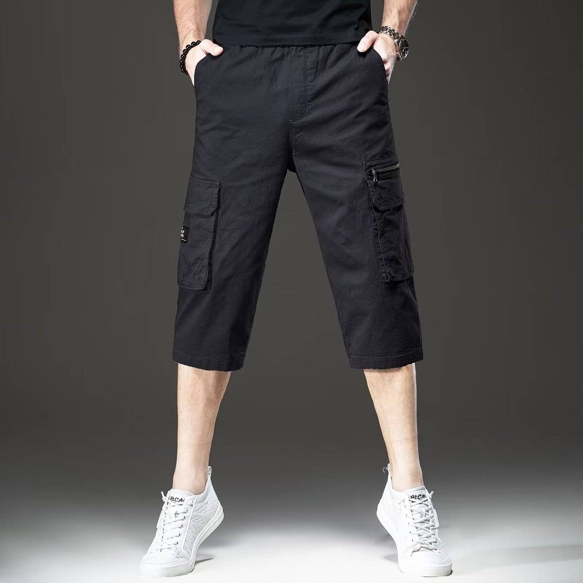 Loose waist drawing rope Workers shorts Men's horse pants loose size over -the -knee pants summer pure cotton casual zipper cropped pants