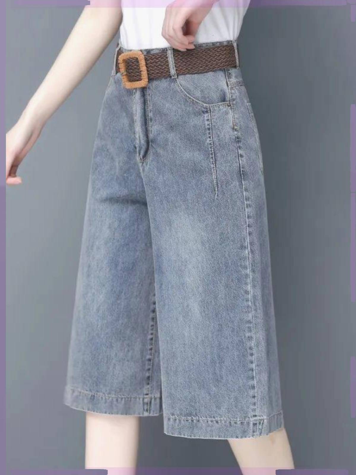 Seven -point denim wide -leg pants 2024 Summer ladies middle pants and horse pants summer high waist loose and vertical sense five -point pants tide