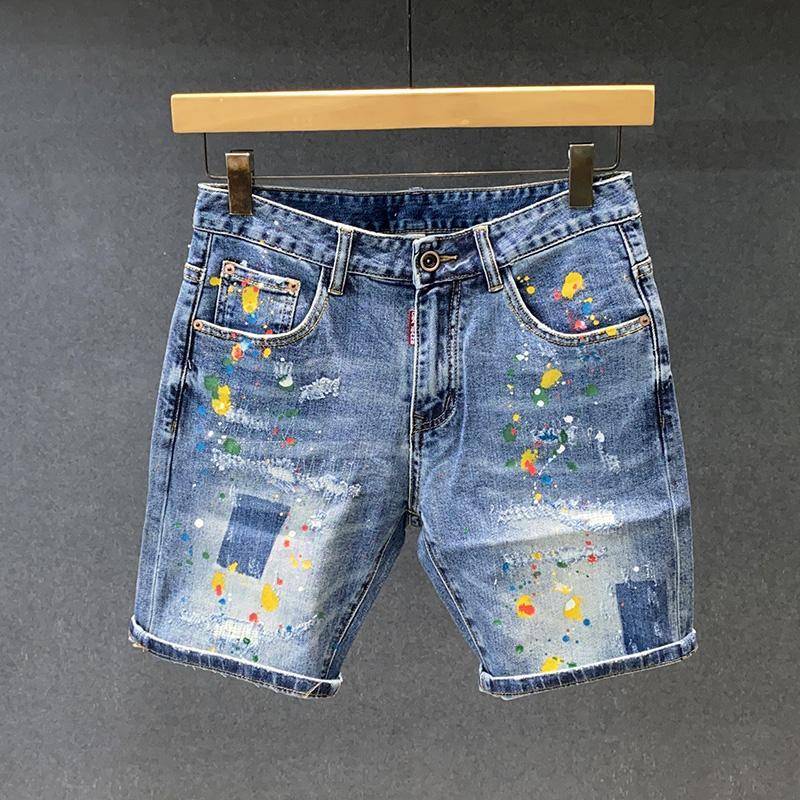 Tide brand INS high -end ripped pentagram denim shorts, men's trend slim pants, fashion pants pants pants men