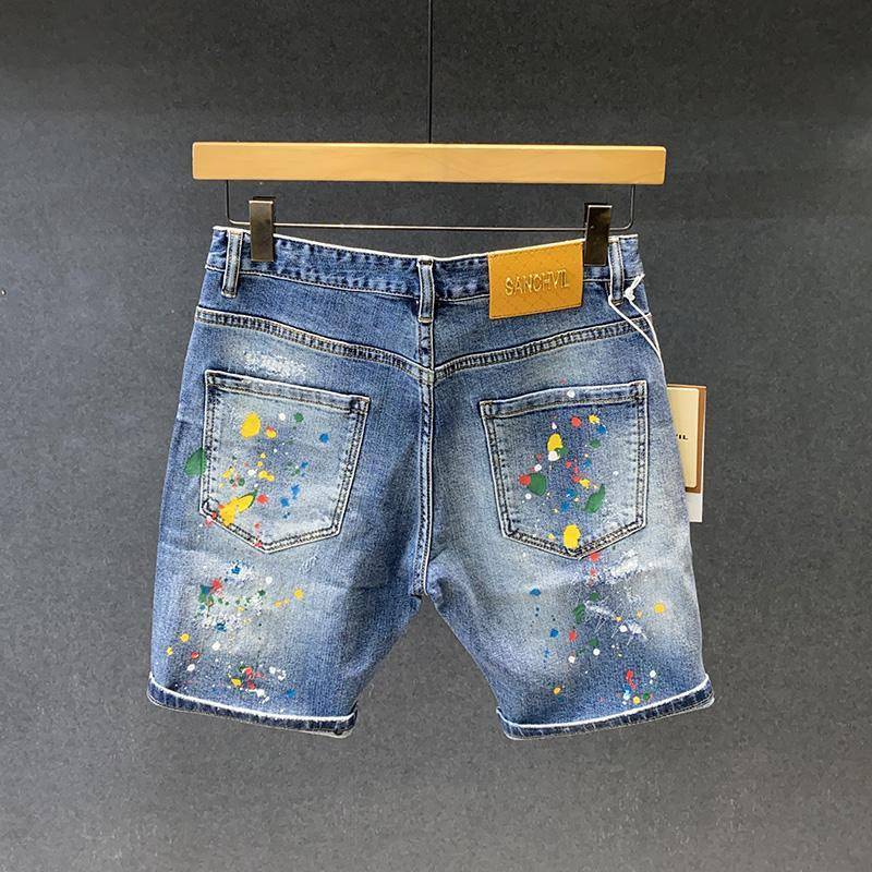 Tide brand INS high -end ripped pentagram denim shorts, men's trend slim pants, fashion pants pants pants men