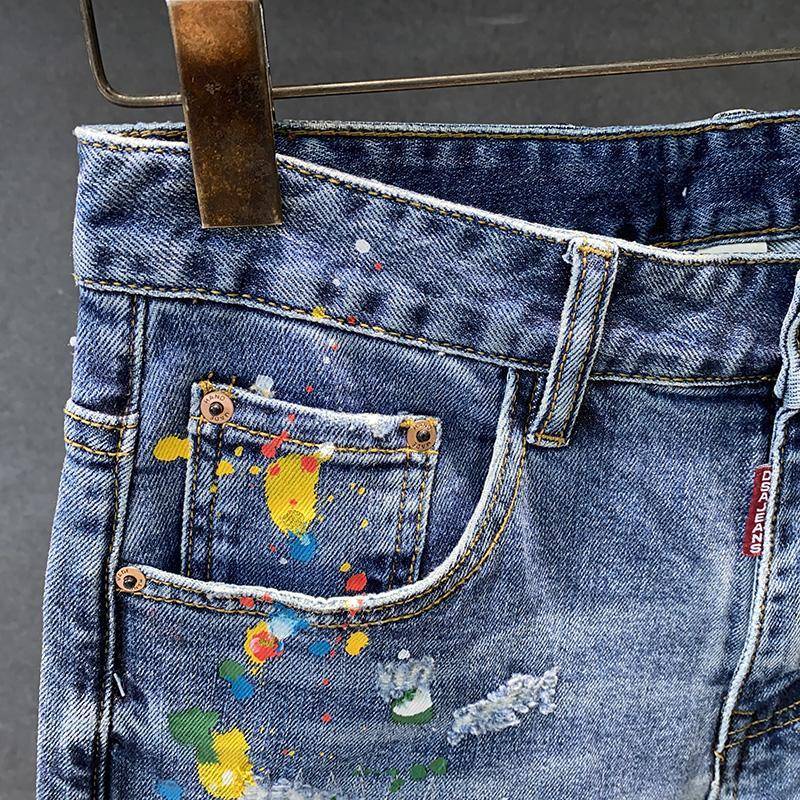 Tide brand INS high -end ripped pentagram denim shorts, men's trend slim pants, fashion pants pants pants men