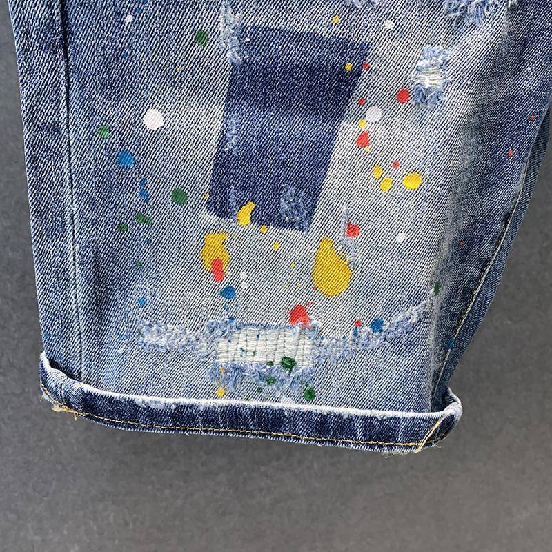 Tide brand INS high -end ripped pentagram denim shorts, men's trend slim pants, fashion pants pants pants men