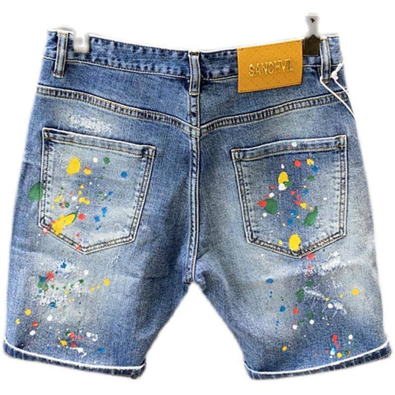 Tide brand INS high -end ripped pentagram denim shorts, men's trend slim pants, fashion pants pants pants men