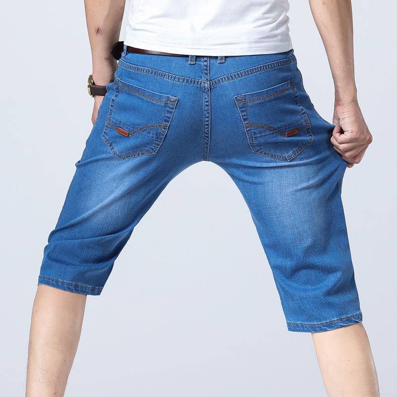 Summer thin men's denim shorts, elasticity, loose straight tube men, young, middle -aged seven -point horse pants pork pants jeans