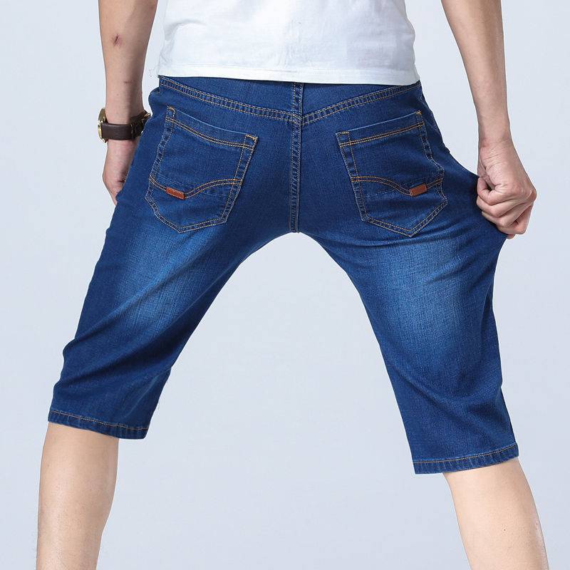 Summer thin men's denim shorts, elasticity, loose straight tube men, young, middle -aged seven -point horse pants pork pants jeans
