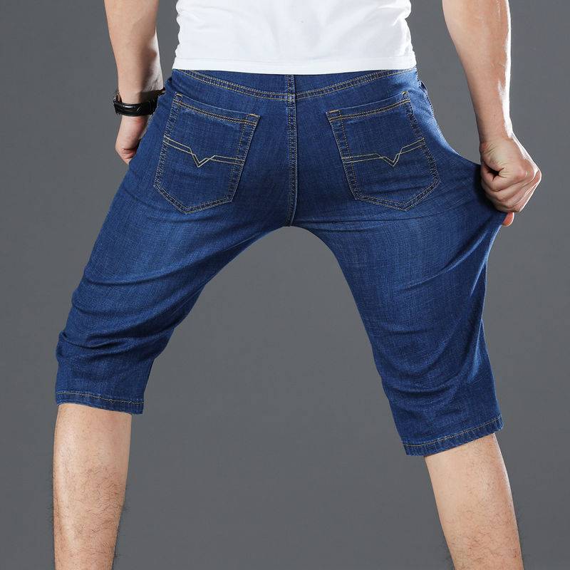 Summer thin men's denim shorts, elasticity, loose straight tube men, young, middle -aged seven -point horse pants pork pants jeans