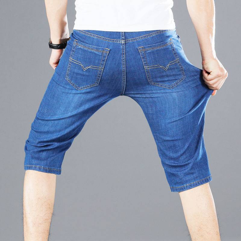 Summer thin men's denim shorts, elasticity, loose straight tube men, young, middle -aged seven -point horse pants pork pants jeans
