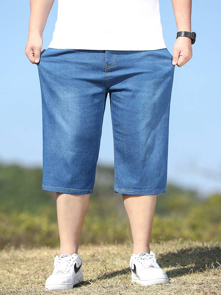 Summer thin denim shorts, men's loose straight pants, pants, fertilizer, increasing code leather, middle -aged horse pants tide