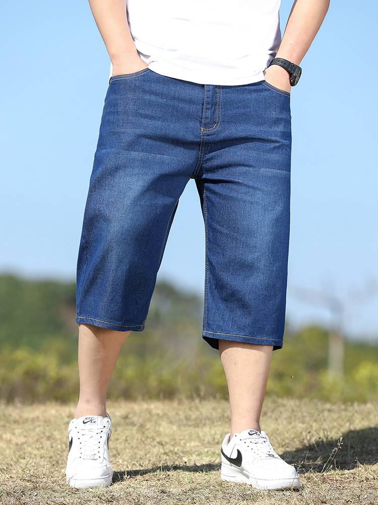 Summer thin denim shorts, men's loose straight pants, pants, fertilizer, increasing code leather, middle -aged horse pants tide