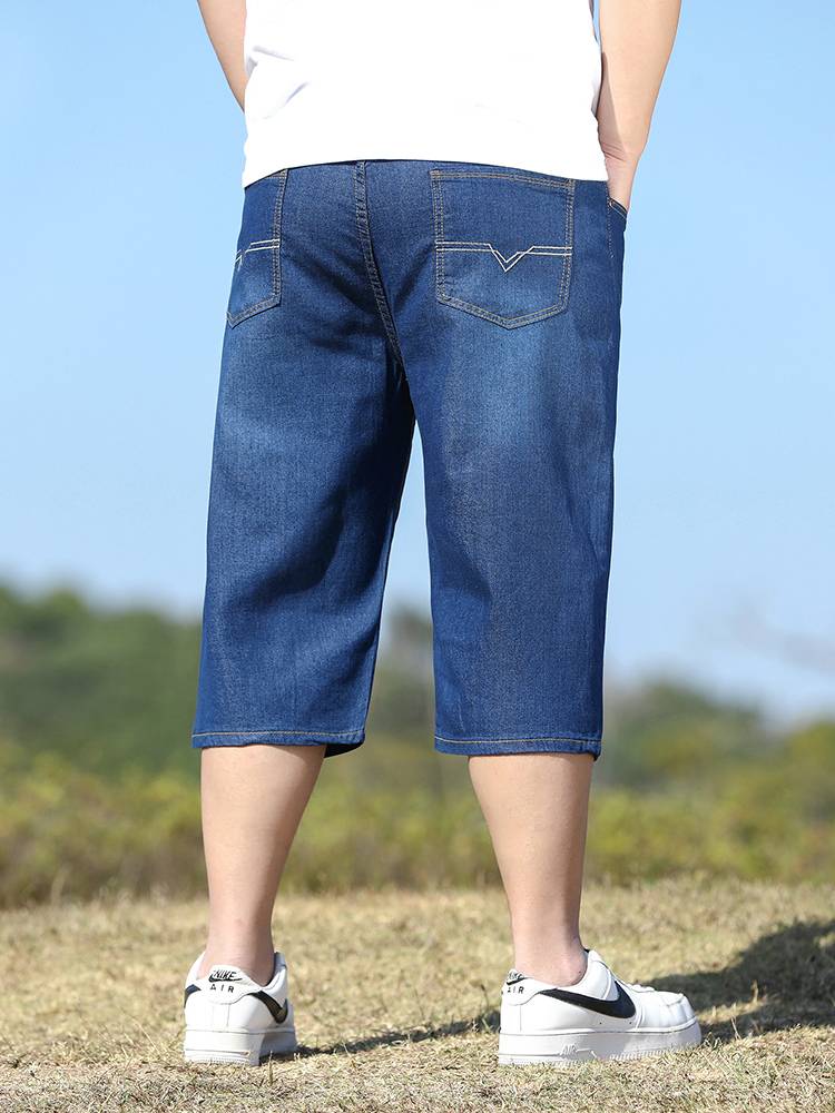 Summer thin denim shorts, men's loose straight pants, pants, fertilizer, increasing code leather, middle -aged horse pants tide