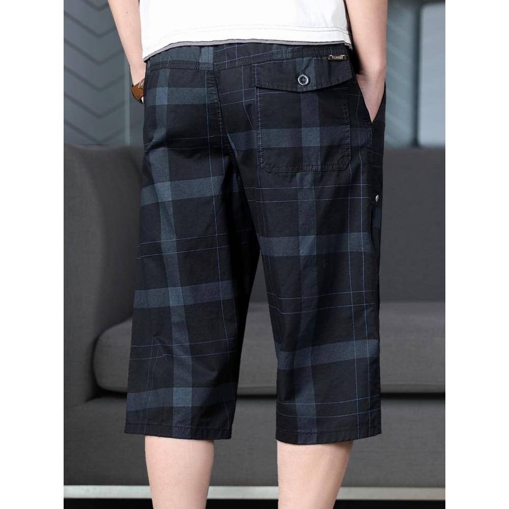 Summer men's cropped pants, shorts, loose casual mid -pants, big pants big pants workmade 7 -point horse pants grid