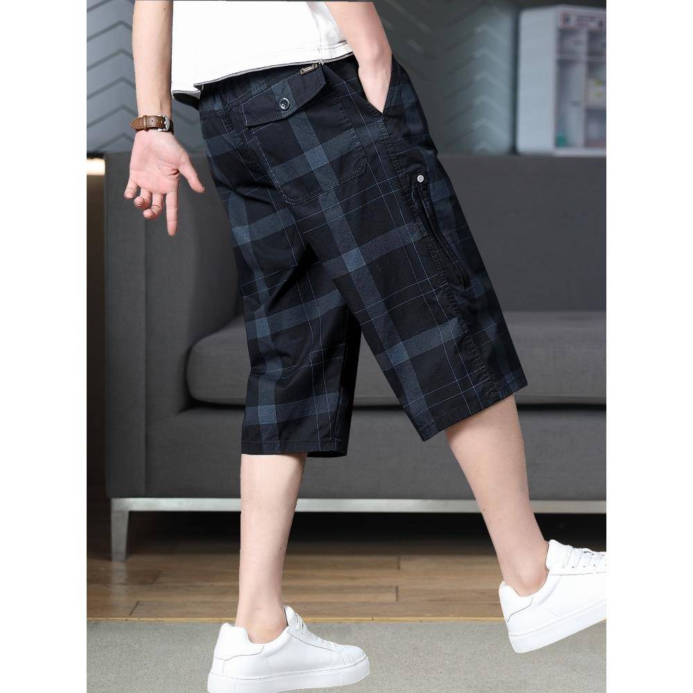 Summer men's cropped pants, shorts, loose casual mid -pants, big pants big pants workmade 7 -point horse pants grid