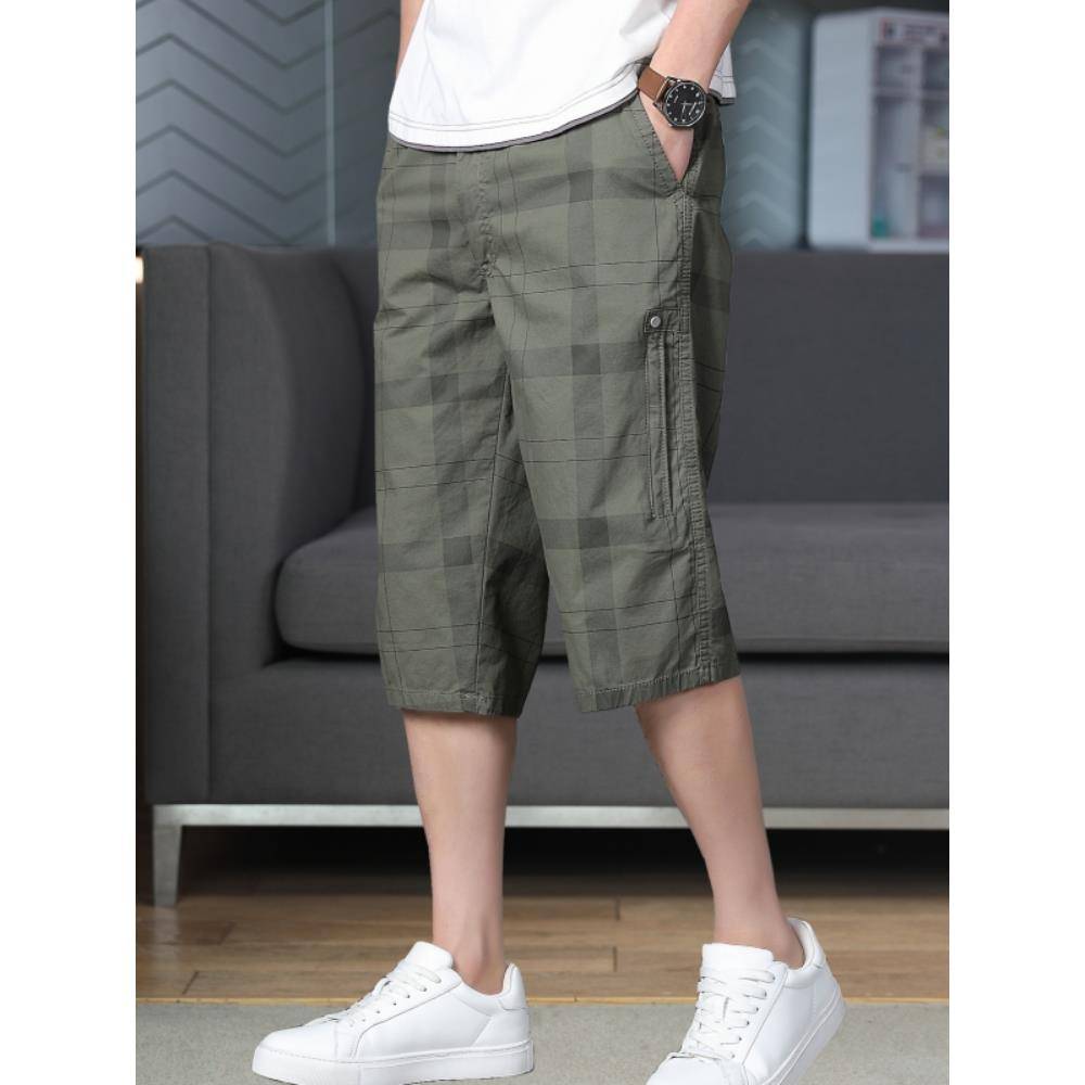 Summer men's cropped pants, shorts, loose casual mid -pants, big pants big pants workmade 7 -point horse pants grid