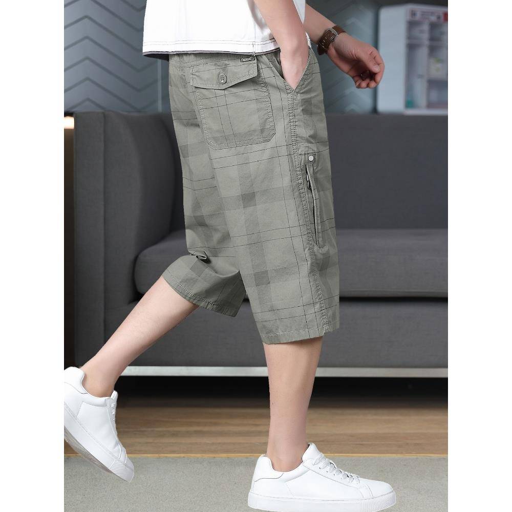Summer men's cropped pants, shorts, loose casual mid -pants, big pants big pants workmade 7 -point horse pants grid