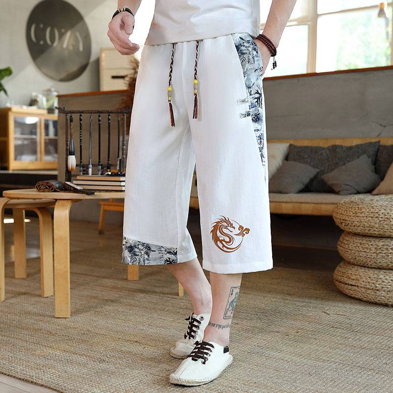 Chinese style shorts men's summer ice silk thin Chinese loose cropped pants straight leisure trend sports horse pants