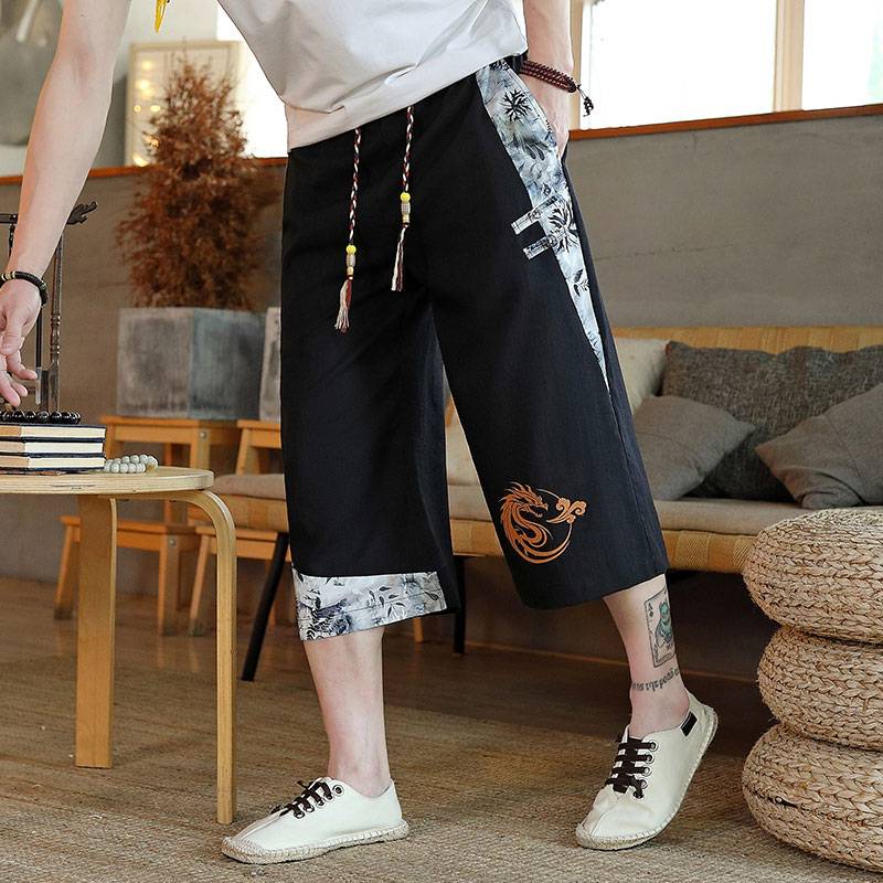 Chinese style shorts men's summer ice silk thin Chinese loose cropped pants straight leisure trend sports horse pants