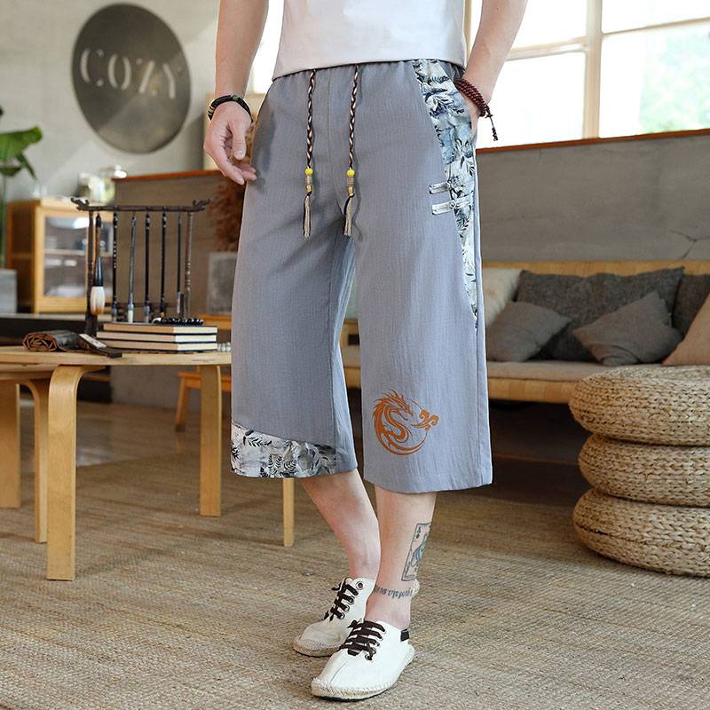 Chinese style shorts men's summer ice silk thin Chinese loose cropped pants straight leisure trend sports horse pants