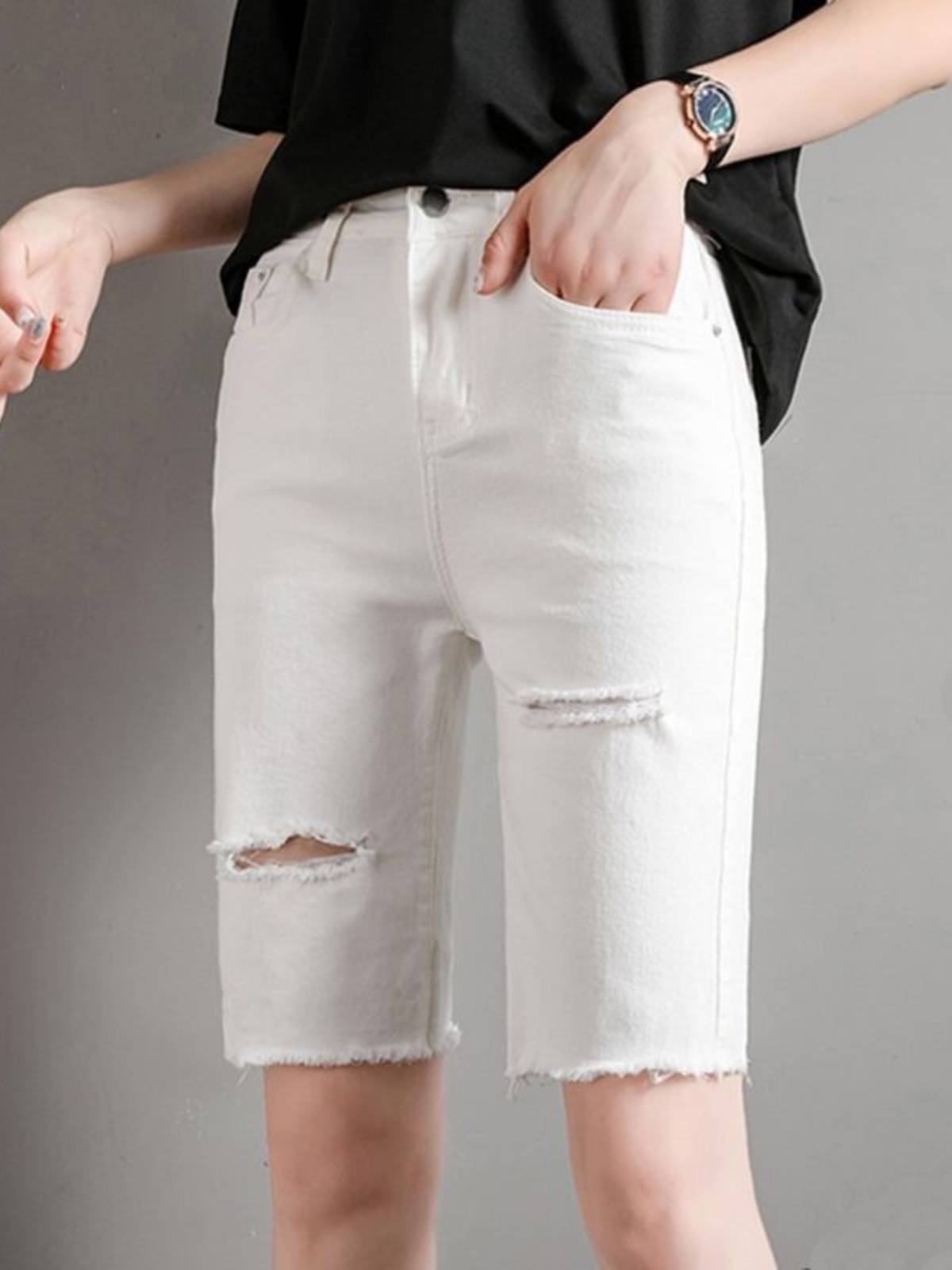 Large -size elastic tight denim pork trousers female summer thin -waist -cut holes -edge horse pants are thin and middle shorts